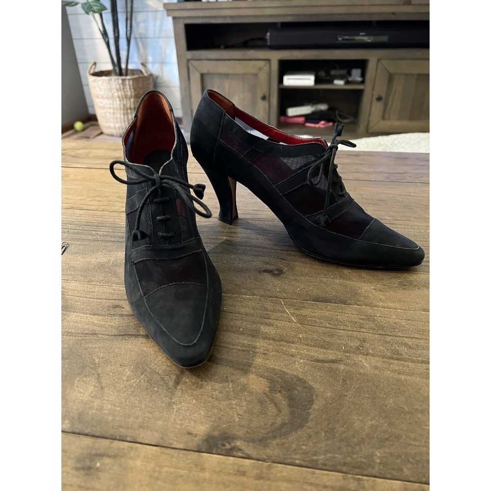 Charles Jourdan Paris Black Suede Mesh Lace Up Heels Pumps Women 8